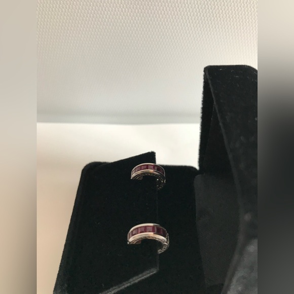 RUBY HOOP EARRINGS 14k White Gold Huggie Style Hoop Earrings July Birthstone - Picture 4 of 14